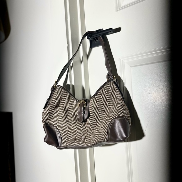 Vintage Croft & Barrow Herringbone Shoulder Bag Brown Leather Trim Y2K 90s - Picture 1 of 3